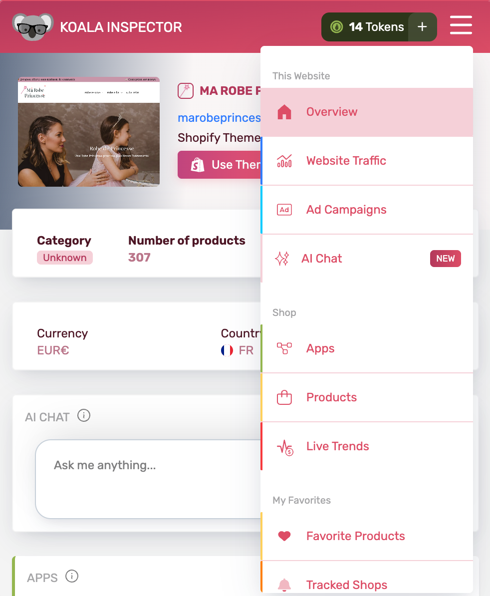 Menu de Koala Inspector ouvert : le menu est en haut à droite et l’entrée Products apparaît dans la rubrique Shop.
